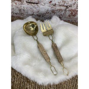 Hammered Brass and Carved Wood Salad Server Set Spoon & Fork